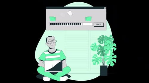 Un hombre que trabaja en una computadora portátil envía un archivo en Alpha Channel