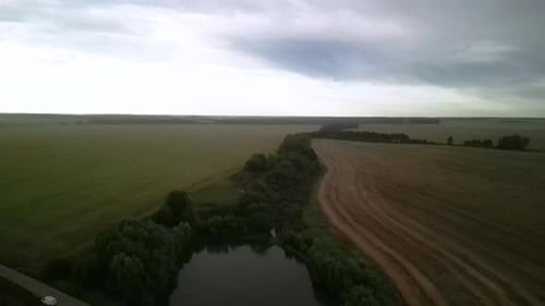Yellow field with harvested wheat and hay bales. Aerial view of the field with square bales