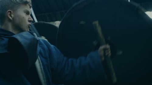 Historical reenactment of warriors with shields and swords