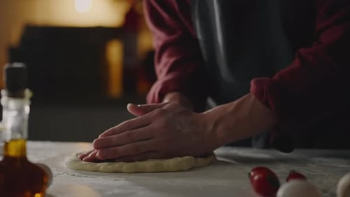 Pizzeria, Chef Baker Cooks Carefully From Dough Forms Creates Round Pizza Shape In Baking Shop