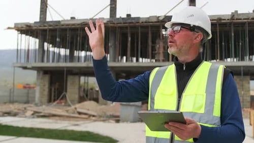 Confident engineer architect mature man uses modern digital tablet, monitoring progress of construct