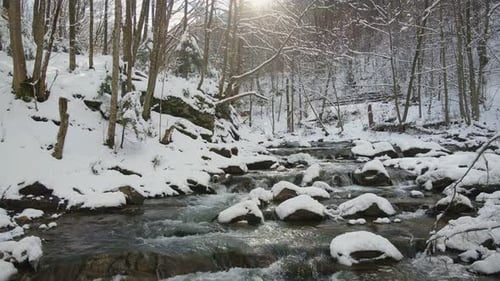 Aerial View Fabulous Winter Landscape of a Mountain River in a Magical Forest
