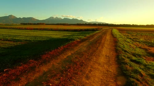 Dirt Road Leads to Mountains at Golden Hour