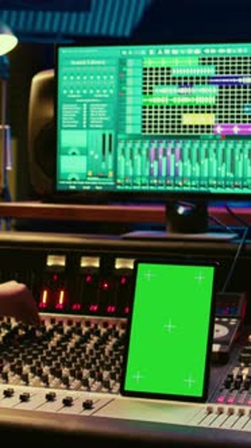 Vertikales Video Professioneller Audioexperte beim Mischen und Mastern von Tracks im Musikstudio