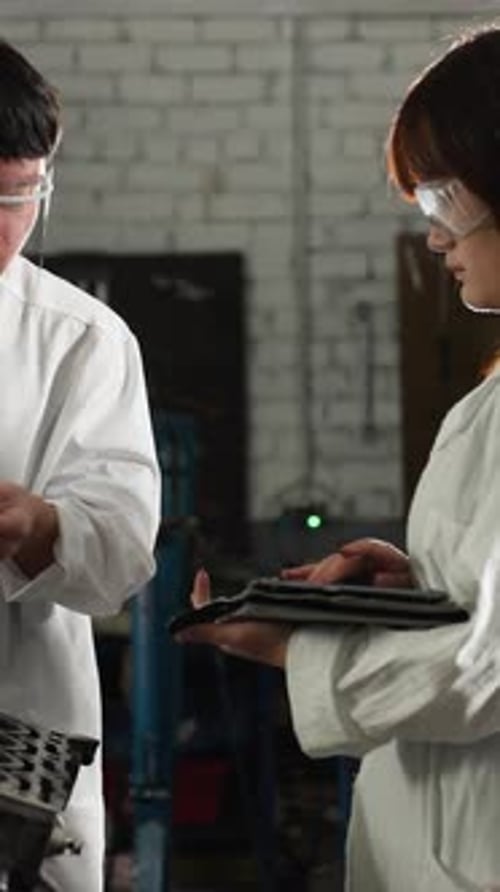 Lab Technicians Measuring Engine Component with Vernier Caliper in Automotive Workshop