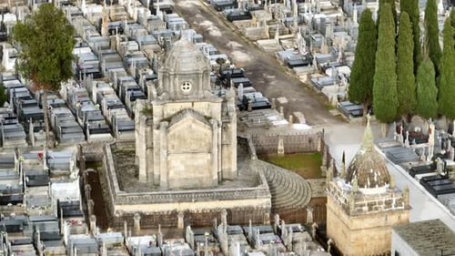 Mausoleum in a graveyard, aerial view.
