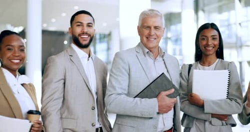 Group, diversity and professional in portrait with leader at company with staff for career