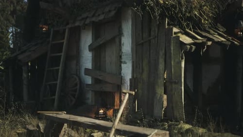 Old Wooden Cottage in Forest Transitioning Day to Night