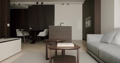 Modern Minimalist Living Room with Kitchen and Dining Area Interior Design