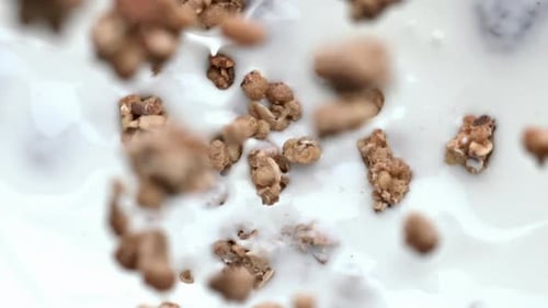 Granola Falling Into White Creamy Yogurt