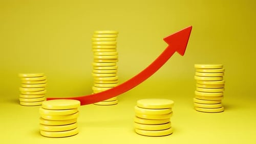 Red arrow graph and coins moving up 3d render.