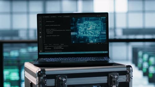 AI Coding on Notebook Screen Next to Technicians Inspecting Servers Close Up