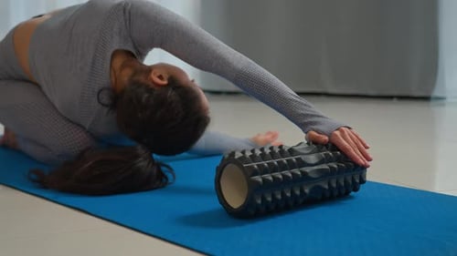 Caucasian Sport Woman Fitness Girl Female Athlete Sportswoman Yogi on Floor Bend Exercise Foam