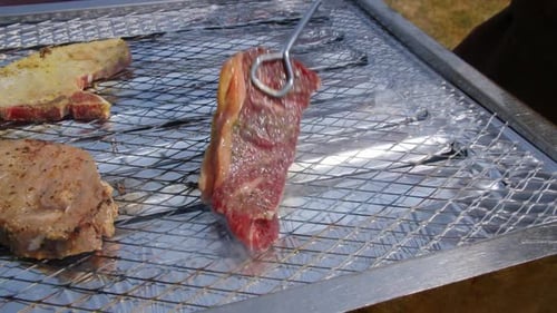 Piece of meat being placed on top of a barbecue to be grilled