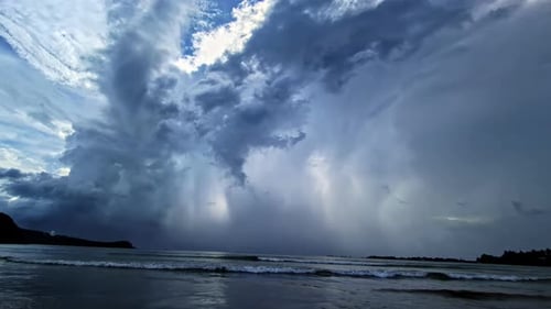 Dramatic Sky With Cloudscape Over Weligama Fishermans Village Beach In Weligama, Sri Lanka. Slow Mot