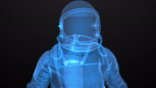 Digitales Astronauten-Hologramm, blau, Drahtmodell, 4K