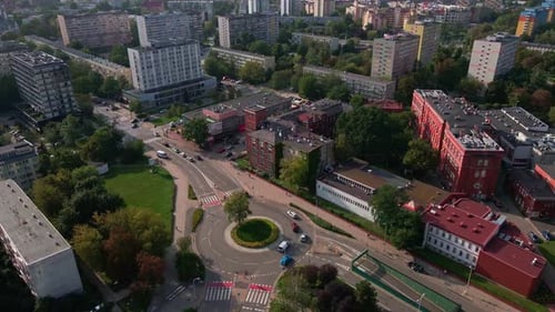 Aerial View of Traffic Roundabout on Road in City at Summer Day