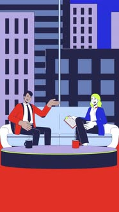 Entrevista a una celebridad en el sofá del estudio, dibujos animados, animación vertical
