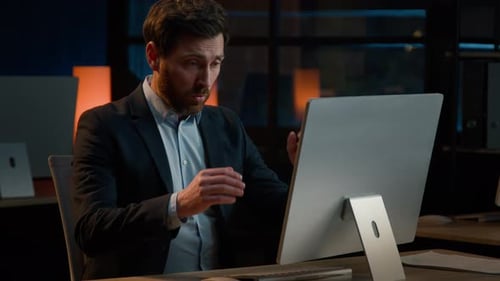 Exhausted Caucasian Businessman Adult Man Work Overtime in Office Late Night Tired Entrepreneur