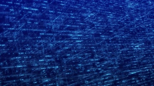 Digital Matrix Code Background Loop: A Fly-Through Abstract 3D Rendering of a Complex Data Network