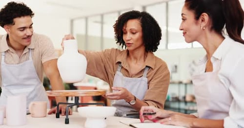 Group, people and talk for pottery in class for sculpture design, learning technique