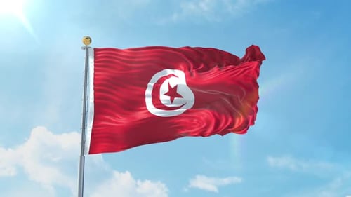 Tunisia National Flag Waving in Blue Sky