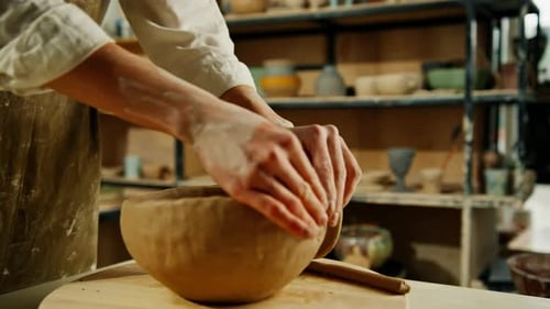 Creating handicraft pottery closeup of working table in ceramics studio with female master