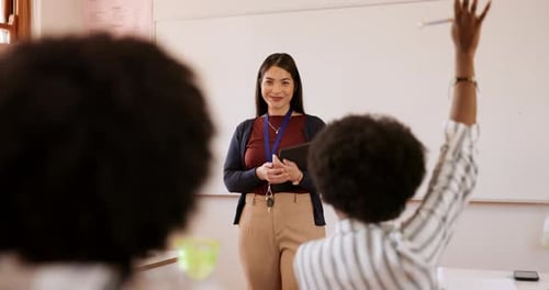 Professor, classroom and student with question for education, learning and school work