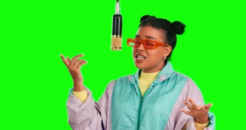 Green screen microphone, music singer and woman singing lyrics, recording song track