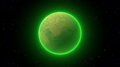 Rotating Sci-Fi Planet with Green Neon Outline