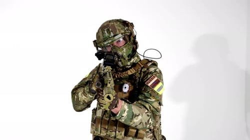 Professional Russian Soldier with Modern Rifle Portrait in Studio Skilled Sniper Aiming to Camera