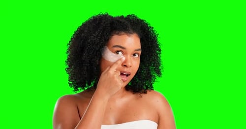 Eye patch, beauty and woman on green screen for facial treatment, skincare and cosmetics