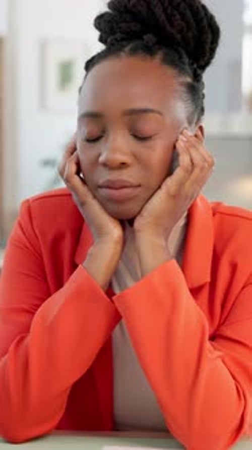 Media agency, tired and black woman in office, headache and stress with burnout