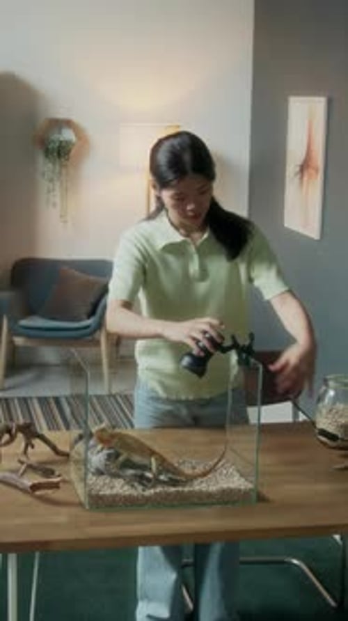 Jeune femme allumant une lampe chauffante pour lézard de compagnie dans un terrarium