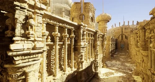 Ancient Ruins Reveal Intricate Carvings in a Sunlit Desert Landscape