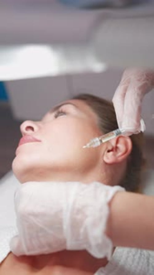Cosmetologist Makes Rejuvenating Injections Procedure Skin Neck Beautiful Woman