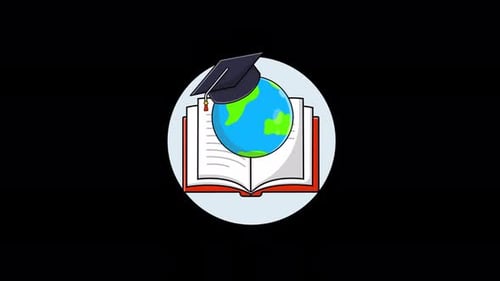 Flat Design Education Icon with Globe and Graduation Cap Animation