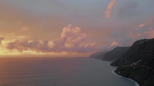 Colorful Ocean Sunset Drone View Picturesque Untouched Island at Pink Dusk