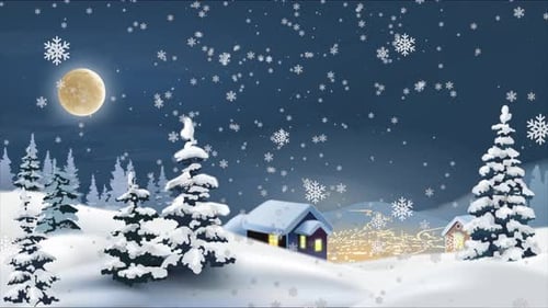 Winter Night Village with Falling Snowflakes Christmas Background Animation