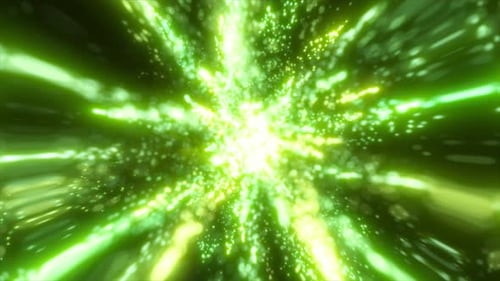 Bright green explosion of light particles radiating outward in a dynamic burst