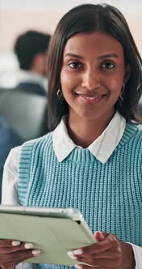 Face, confident or woman with tablet in creative agency, planning editorial calendar