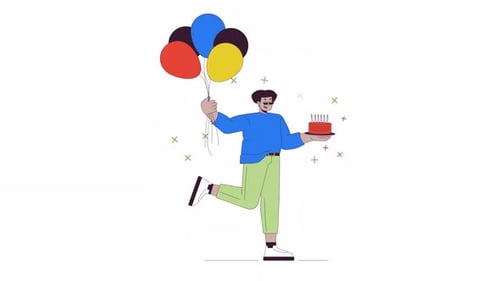 Flat Design Person Holding Balloons and Birthday Cake Animation
