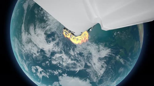 3D Futuristic Rocket Engine Firing Over Rotating Earth