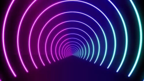 Glowing neon rings forming circular tunnel