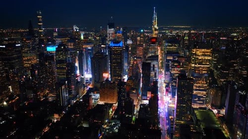 Fascinating New York scenery full of lights. Gorgeous skyscrapers from aerial perspective.
