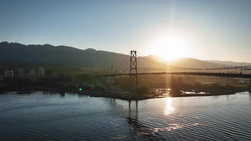 Beautiful drone aerial shot approaching the Vancouver Lion's Gate Bridge