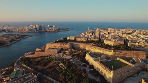 Aerial view of La Valletta downtown at sunset in Malta.