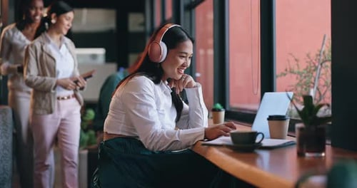 Laptop, business and remote work with asian woman in coffee shop for freelance career as editor