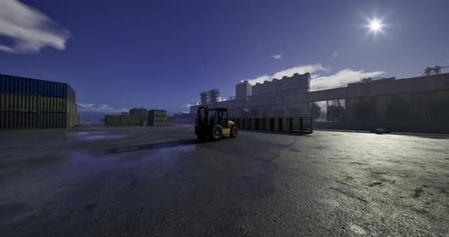 Forklift Drives in Realistic 3D Industrial Shipping Yard