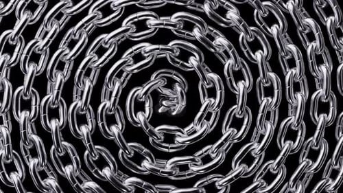 abstract silver chain twisting in spiral, isolated on black background